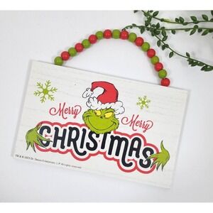 Grinch Merry Christmas Door Wall Hanging Sign Wooden Beads Red Green Ruz 10" NEW